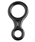 35 kN Figure 8 Descender Rigging Plate for Rappelling Belaying and Tree Climbing, black aluminum alloy device, front view.
