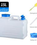 15L white water bucket with blue cap, brush, tube, and cover; similar to 4 Gallon Camping Water Jug With Spigot For Emergency Water Storage Outdoors