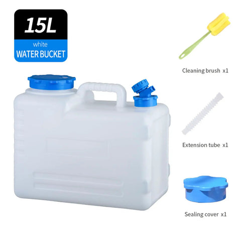 15L white water bucket with blue cap, brush, tube, and cover; similar to 4 Gallon Camping Water Jug With Spigot For Emergency Water Storage Outdoors