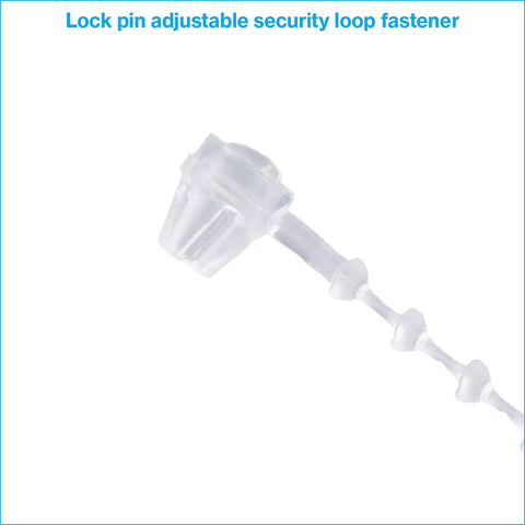 Heavy Duty Five Inch Clear Adjustable Loop Ties One Thousand Bulk Pack With Beaded Lock Pins For Storefront Hardware And Sign Mounting Hella Tough Plastic Cables. Close-up of clear security loop fastener with beaded lock.