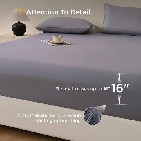 Grounding Fitted Sheets With 25 Percent Silver Infused Fiber And Cotton on bed, fits mattresses up to 16 inches, shown with lamp and cup