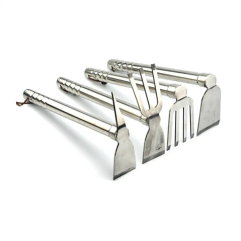 Set of stainless steel garden tools including a Double Use Garden Hoe And Pickaxe Stainless Steel Handheld Tool For Weeding And Cultivating