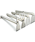 Set of stainless steel garden hoe tools including pronged and flat edges for planting flowers and yard work double use design.
