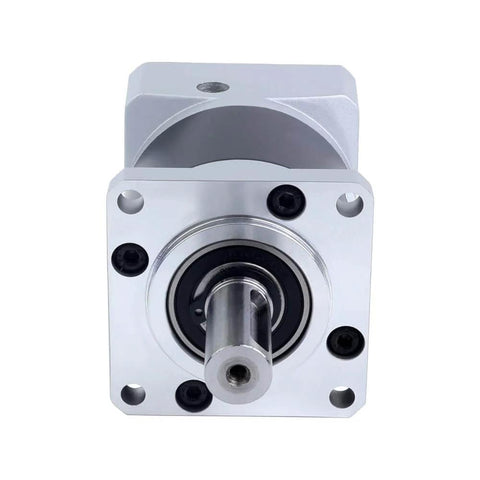 Front view of 20 To 1 MGL planetary gearbox for NEMA 23 stepper motor with 8mm shaft, 57mm flange, durable metal housing.