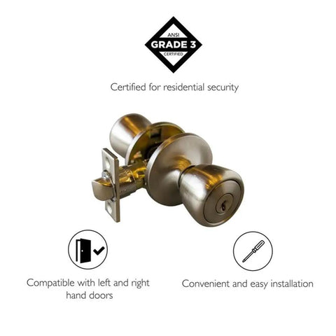Terrace Keyed Entry Door Knob In Satin Nickel, 6 Way Universal Fit For Standard Doors with faceplate and secure latch