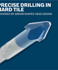 Porcelain tile drill bit close-up, white body with blue interior and arrow-shaped tip.