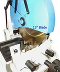 Close-up of 13 Inch 3 Phase Cold Saw Metal Cutter With Heavy Duty Stand And Swivel Vise For Ferrous Materials 1.5 HP 220V circular blade.