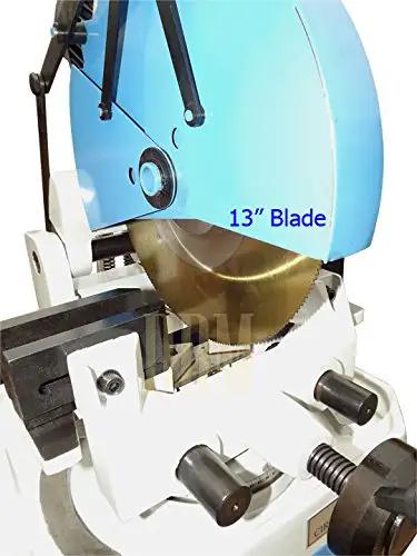 Close-up of 13 Inch 3 Phase Cold Saw Metal Cutter With Heavy Duty Stand And Swivel Vise For Ferrous Materials 1.5 HP 220V circular blade.