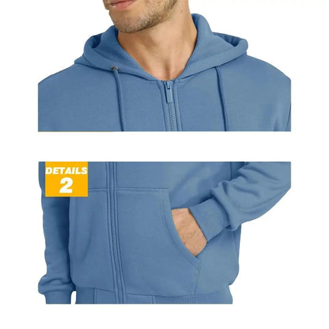 Close-up of Mens Hooded Fleece Lined Full Zip Jacket For Running And Hiking with pocket detail, in blue color.