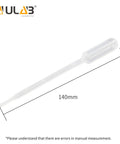 ULAB sterile transfer pipette, side view, clear LDPE, 140 mm long, pack of 100