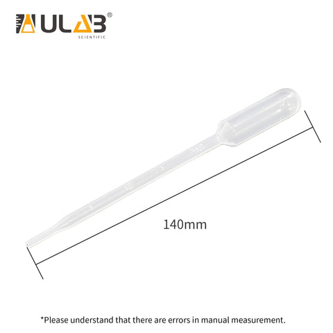 ULAB sterile transfer pipette, side view, clear LDPE, 140 mm long, pack of 100