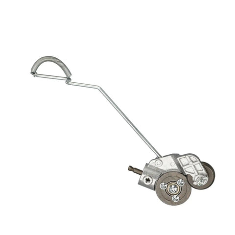 Heavy Duty Electric Drill Plate Cutter And Sheet Metal Shears Attachment with metal wheels and handle for cutting.