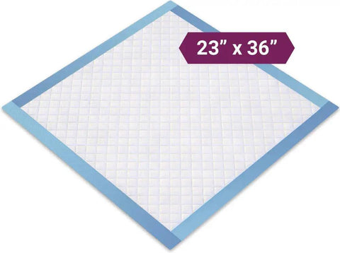 Super Absorbent Disposable Underpads And Incontinence Bed Pads 23 X 36 Inch with blue borders, latex-free material for moisture protection.