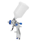 Professional Low Pressure Pneumatic Paint Sprayer With 600ML Hopper For Water Based Paint Adjustable Flow Control, chrome spray gun with white container.