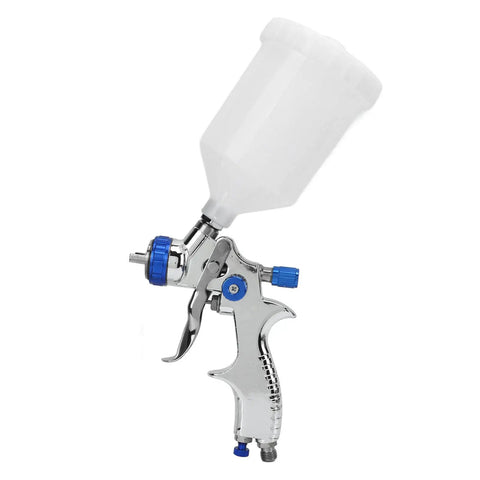 Professional Low Pressure Pneumatic Paint Sprayer With 600ML Hopper For Water Based Paint Adjustable Flow Control, chrome spray gun with white container.