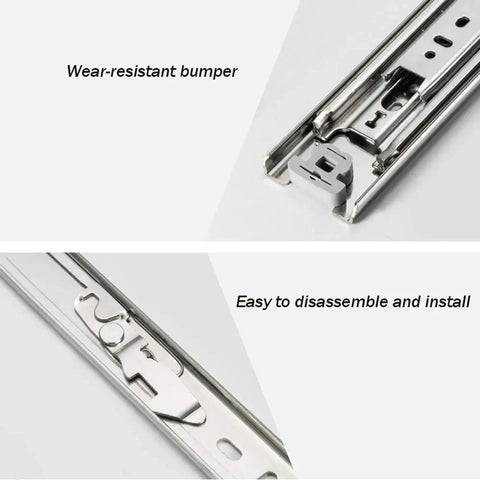 Beefed Up Heavy Duty Soft Close Drawer Slides With Lock, Push To Open Drawer Runners, detail of wear-resistant bumper and locking mechanism