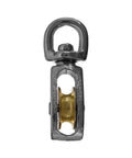 Swivel Steel Wheel Pulley For Rope And Cable Guiding, Three Quarters Inch Sheave Height, Die Cast Nickel Plated, side view