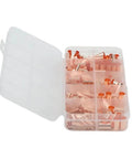 Get Your Hands On 250 Pcs Copper Tube Butt Wire Ferrules With Assorted Sizes From One To Six Millimeter For Crimping Electrical Wiring Terminals In Cars Trucks And Industrial Machinery Kits Stored Neatly. Open plastic case with assorted copper butt wire ferrules for electrical wiring