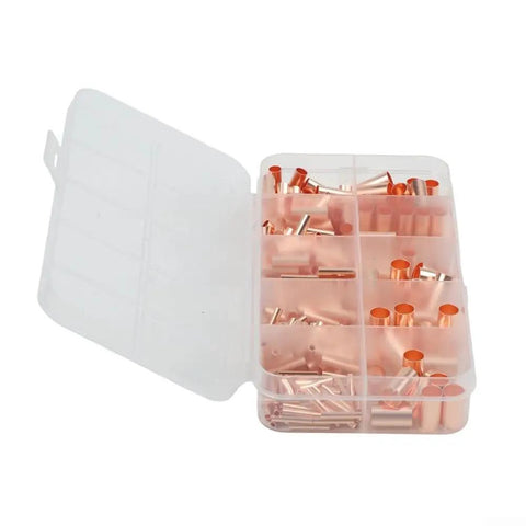Get Your Hands On 250 Pcs Copper Tube Butt Wire Ferrules With Assorted Sizes From One To Six Millimeter For Crimping Electrical Wiring Terminals In Cars Trucks And Industrial Machinery Kits Stored Neatly. Open plastic case with assorted copper butt wire ferrules for electrical wiring