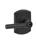 Broadway Lever With Greenwich Trim Keyed Entry Lock Matte Black Finish on standard pre drilled doors, front view