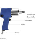 Real Deal Half Inch Drive Pneumatic Impact Wrench features gear switch, start switch, and air inlet for maximum performance.