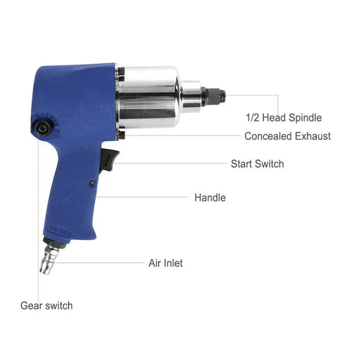 Real Deal Half Inch Drive Pneumatic Impact Wrench features gear switch, start switch, and air inlet for maximum performance.