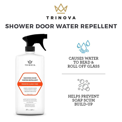 Shower Door Glass Protectant That Makes Water Bead Off, 18 fl oz bottle labeled water repellent, features and benefits highlighted.