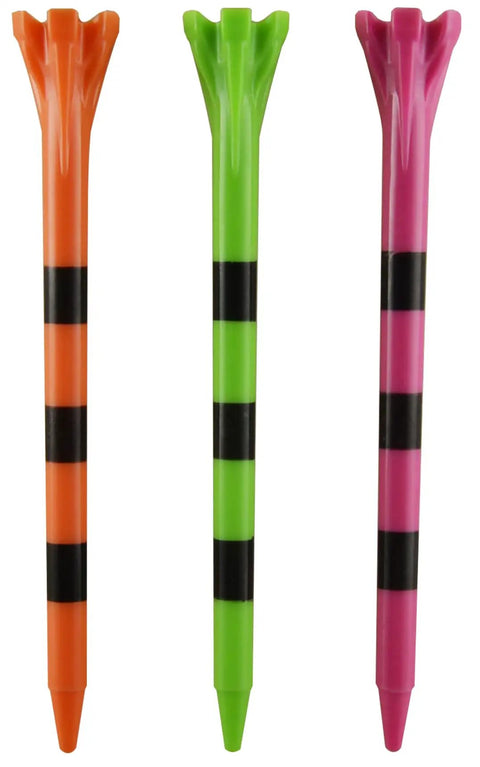 Three And A Quarter Inch Built Tough Golf Tees 25 Count Citrus Mix With Black Stripes Ideal For Drivers Over 360cc With High Grade Plastic Shaft