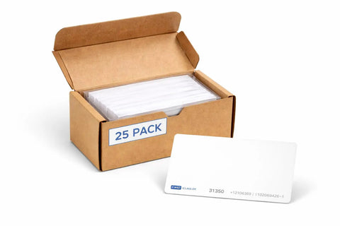 Open box of 25 smart cards beside one card showing 200X iCLASS Direct Image And Thermal Transfer Cards, 25 Pack, 13.56 MHz Smart Cards.