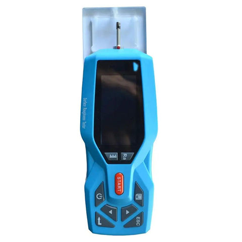 Hella Portable Digital Surface Roughness Meter With Crystal Clear LCD Display For Quick Machined Finish Checks And Straight Up Reliable Factory Floor Inspections in blue with LCD panel and measuring probe.