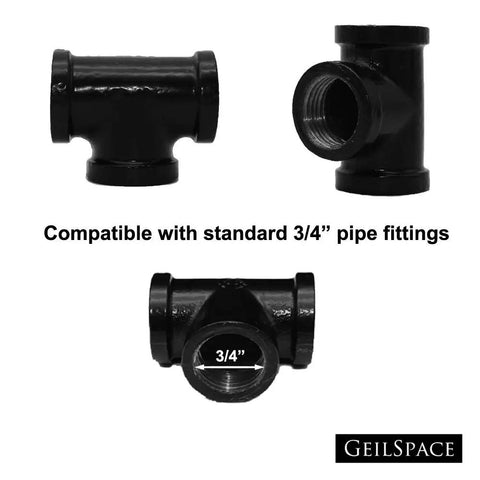 Three Quarter Inch Malleable Iron Pipe Tee Fitting For Industrial Shelving And DIY Furniture Black Finish Standard Threaded Pipe Compatible Built Tough Rust Resistant Decor Accessory showing different angles with 3/4 inch compatibility.