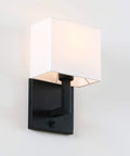 Black Finish Wall Sconce With White Textile Shade, On Off Switch, Sleek Modern Nightstand Lamp For Bedroom And Bedside Reading