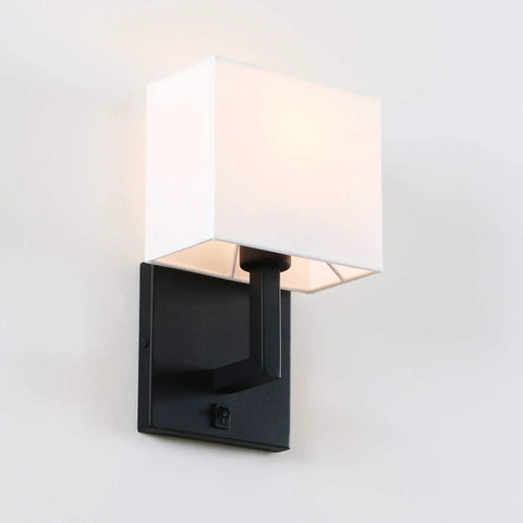 Black Finish Wall Sconce With White Textile Shade, On Off Switch, Sleek Modern Nightstand Lamp For Bedroom And Bedside Reading