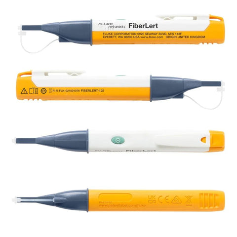 Front and side views of Fluke Networks FiberLert-125 fiber optic tester, yellow/orange body with blue-gray probe.