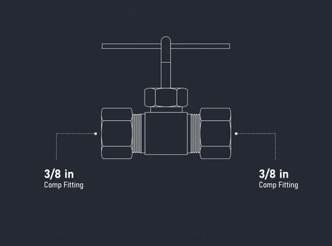 3/8 inch compression straight needle valve, brass lead-free, potable water use, front view with T-handle
