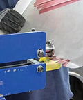 Worker using 9 Pc Bead Roller Die Set For Metal Fabrication With 1 Polyurethane Wheel on sheet metal, showing offset die in action.