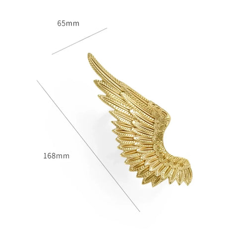 Heavy Duty Solid Brass Wardrobe Handles Featuring Slick Matte Gold Angel Wing Design and Badass Cabinet Knobs angled side view showing 65mm x 168mm dimensions.