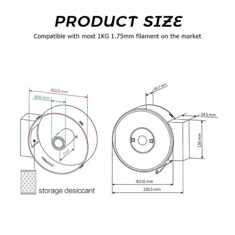 Diagram showing dimensions of Filament Dryer Box For 3D Printer Filament Storage And Drying, compatible with 1.75mm filaments.