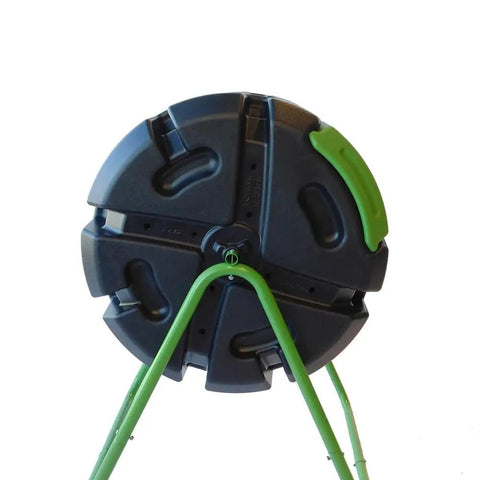Front view of 37 Gallon Dual Chamber Tumbling Composter For Backyards Backyard Friendly No Fuss With Easy Turn Barrel And Aeration Vents