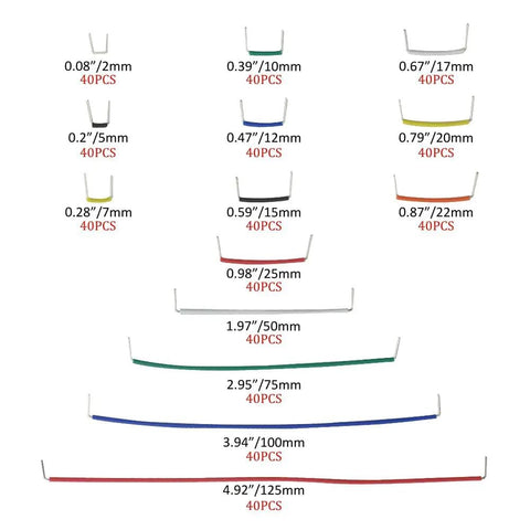 14 types of 2.54mm Dupont jumpers from 560 Piece Jumper Wire Kit With 8 Colors And 14 Types for breadboard circuits, shown by size.