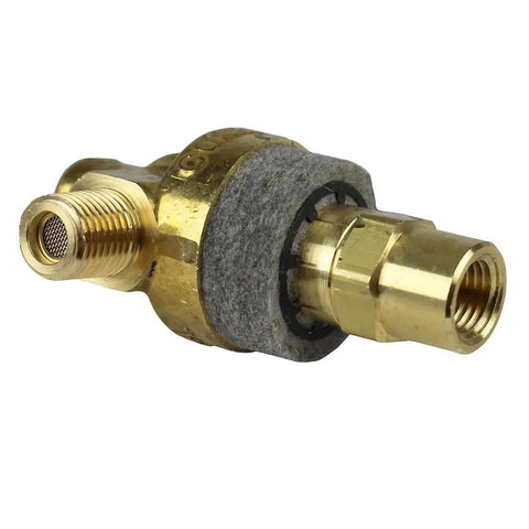 131B Pilot Unloader Valve for Air Compressors, gold finish replacement part, showing detail of brass fittings and easy installation