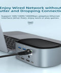 Solid Game Changer 13 In 1 Usb C Docking Hub For Laptops With 4K 60Hz Output, connected to laptop via RJ45 Ethernet.
