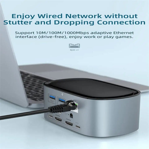 Solid Game Changer 13 In 1 Usb C Docking Hub For Laptops With 4K 60Hz Output, connected to laptop via RJ45 Ethernet.