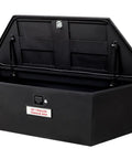 Heavy Duty Workhorse 46 Inch Trailer Tongue Tool Box Solid Steel Storage Chest with open lid for easy access.