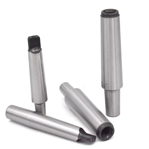 Morse taper collet arbors set, four metal tool holder adapters for CNC mill/lathe, shown from multiple angles