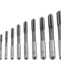 Front view: set of 10 HSS H7 reamers with assorted sizes for precise bore finishing in metal, plastic, and wood