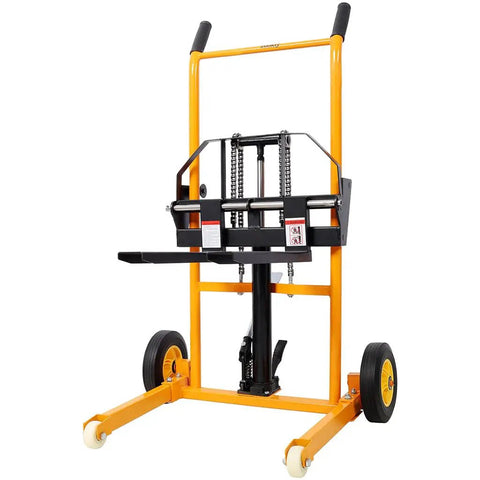 Heavy Duty Hydraulic Manual Lift Stacker With 440 Lb Capacity And Adjustable Forks, front view showcasing lifting mechanism.