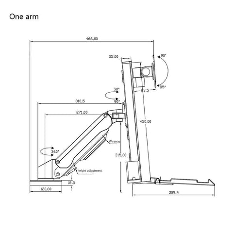 Premium Silver Single Arm Monitor Mount Featuring Smooth Pneumatic Height Lock Integrated Keyboard Tray Supporting 15 To 32 Inch Screens Boss Desk Glow Up, side view technical diagram.