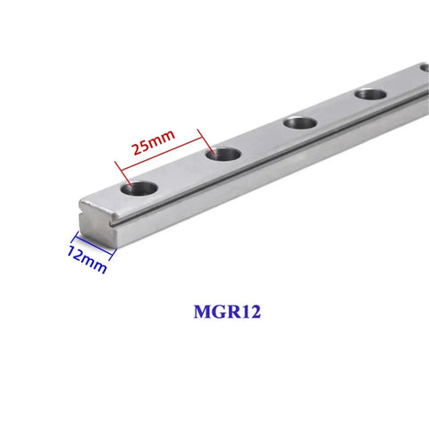 MGN12 Miniature Linear Rail Guide With Smooth Ball Bearing Motion, 700mm Rail Length, front view of metal rail with bolt holes.