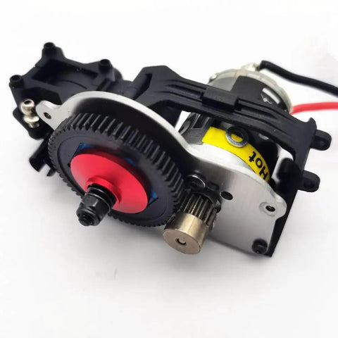 Hard Steel Spur Gear With Slipper Pads 60T 0.5M for 1/18 Scale RC, mounted in black frame with red and yellow details.